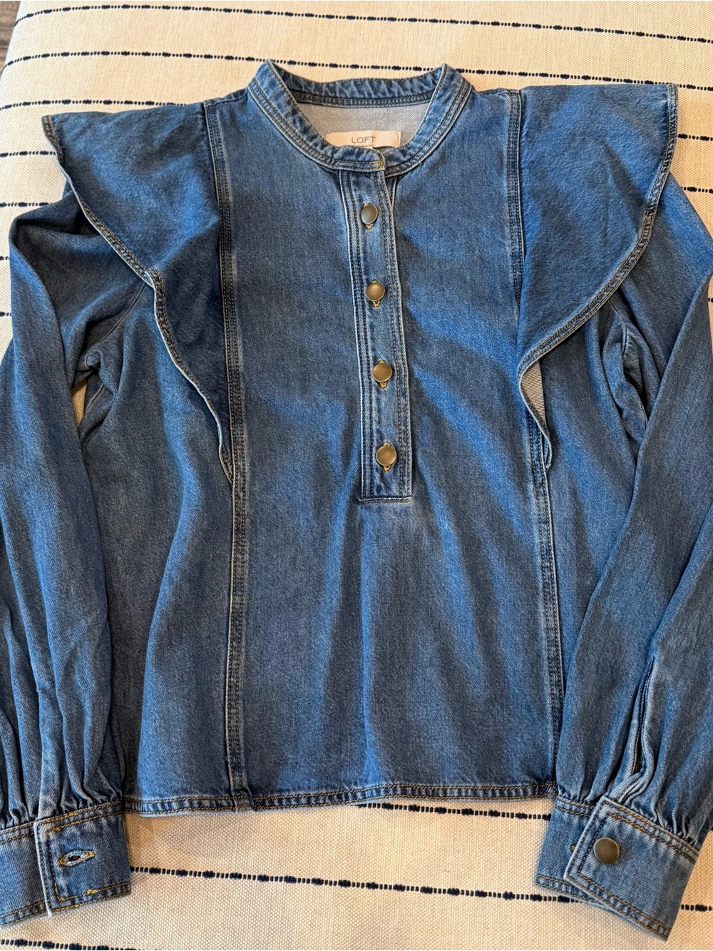 LOFT Blue Denim Ruffle-Shoulder Button Pullover